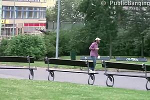 Public threesome with a famous statue in the city center
