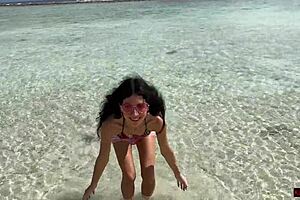 Skinny teen gets golden shower on her glasses outdoors