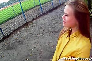 Hardcore teen pussy fingering and cumshot with glasses babe