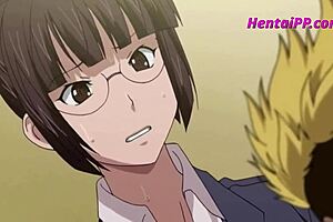 Brunette MILF secretary has rough sex with blond boy in this hentai video