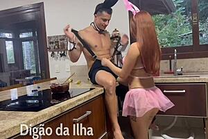 Beautiful redhead gives a blowjob to a fat man in a bunny girl costume