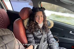 Public humiliation: skinny brunette gets cum shower in car