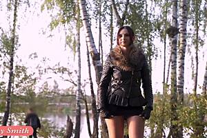 Jeny Smith in pantyhose surprises a biker outdoors