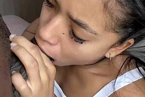 Hot and horny girlfriend gives sloppy deep throat blowjob to her friend’s boyfriend