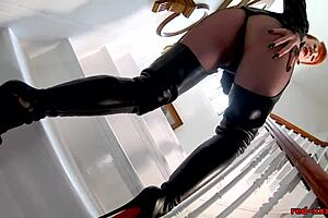 Playful MILF Red XXX in leather boots, sensual stimulation
