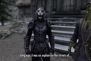 3D animated porn with a Skyrim theme with an anime-style cumshot