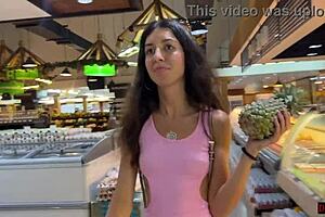A girl covered in cum walks around the supermarket