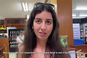 A girl covered in cum walks around the supermarket
