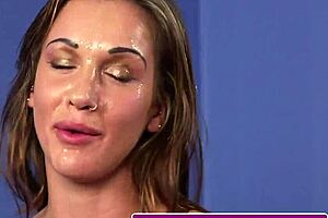 British beauty with big natural tits gets a facial in return for a good blowjob
