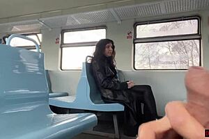 Public cumwalk on a train ends with a facial