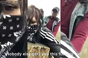 Emo girl gets fucked on a tree stump in a public place
