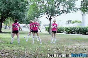 Teen uniforms and big cocks in high definition four woman action