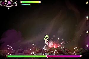 Beautiful anime babes with big tits fight monsters in a 2D game
