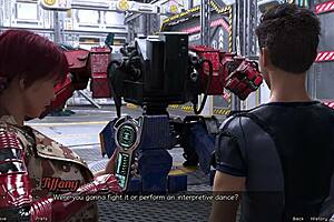 Half robotic beauty in a zero gravity environment in a cartoon porn game