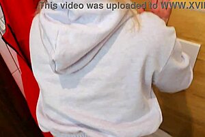 Beautiful wife gets a hot blowjob in a restaurant bathroom