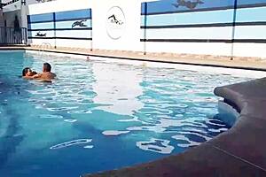 Chubby housewife gets fucked in public pool by amateur