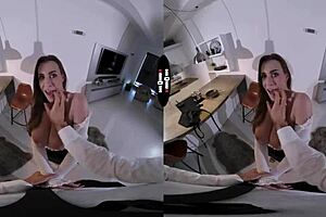 VR porn with big tits and a brunette in a dark room