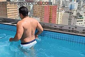 Gay and Latina couples have sex in a pool on a hot summer day