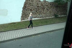 Skinny blonde girl gets lost and finds car for help