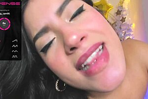Petite brunette gets dominated by monster dildo on webcam