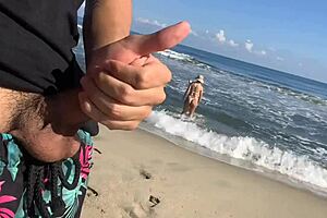 Public beach threesome with big tits and monster cock