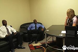 Nikki sexxx, the secretary with big natural boobs has a threesome with two black partners