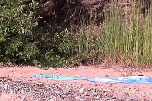 Beautiful woman with perfect figure has sex on the beach in front of spy camera