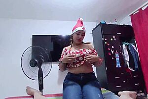 Stepmother with natural big tits has sex with her stepson during Christmas