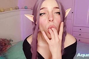A beautiful elf girl enjoys solo pleasure with her favorite sex toy
