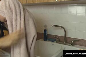 Big-boobed cougar Charlee Chase has a hot bath with foam and dirty talk