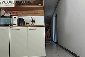 Wife's naughty kitchen tryst with friend, almost got caught