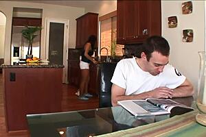 The cook with a hairy pussy fucked by the owner in the kitchen