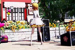 Rin Kagamine dancing naked on the bed, a sensual MMD scene