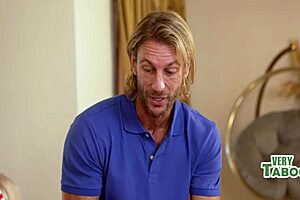 A family with two blondes is having a threesome with a muscular guy
