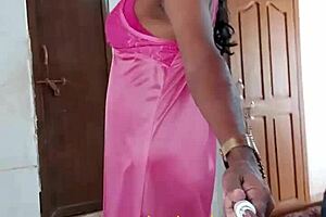 Sexy Indian CD Lara Dsouza in pink satin nighty - Satin Nighties